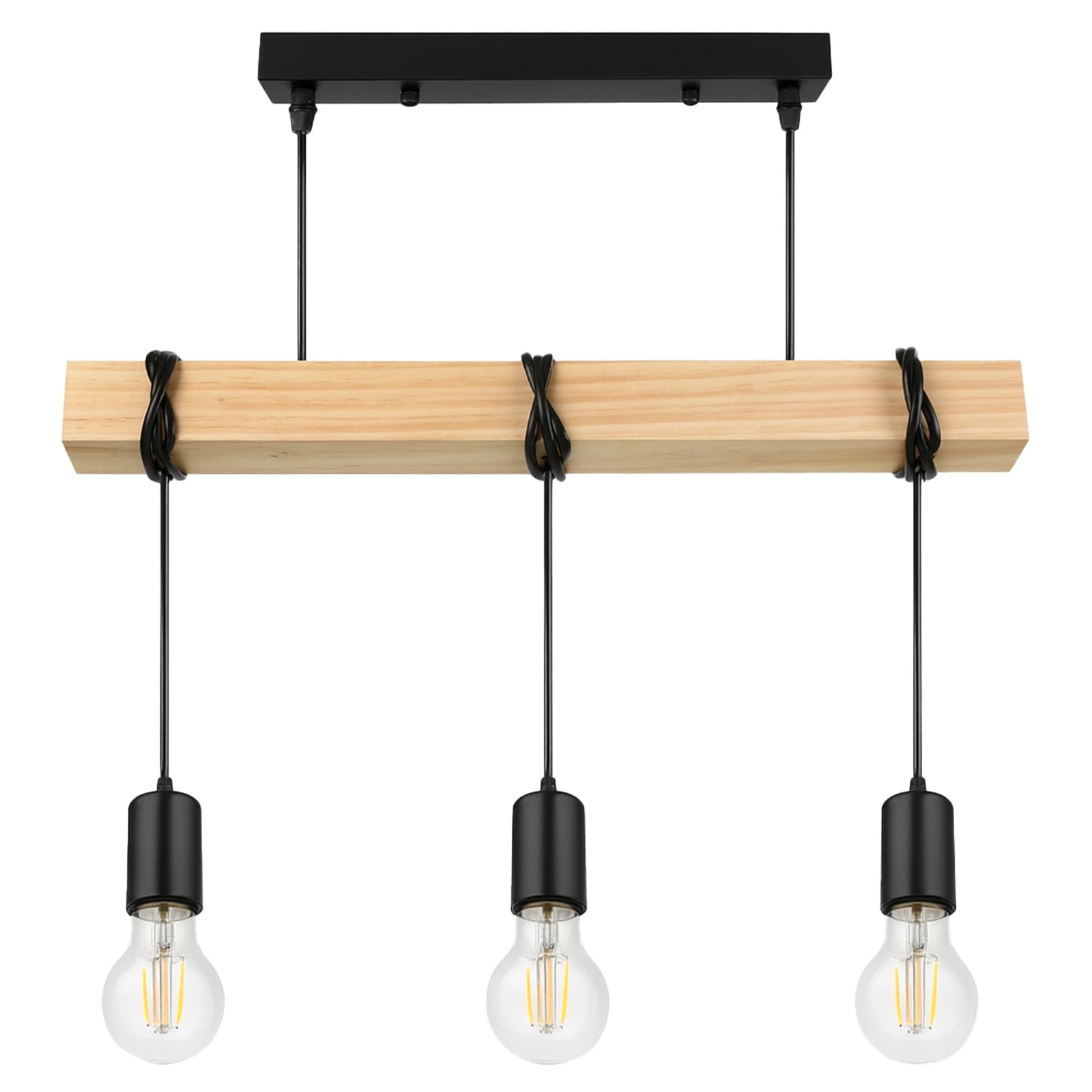 Lampa wisząca loft czarna z drewnianą belką 3xE27 – nowoczesny design do salonu, kuchni i jadalni