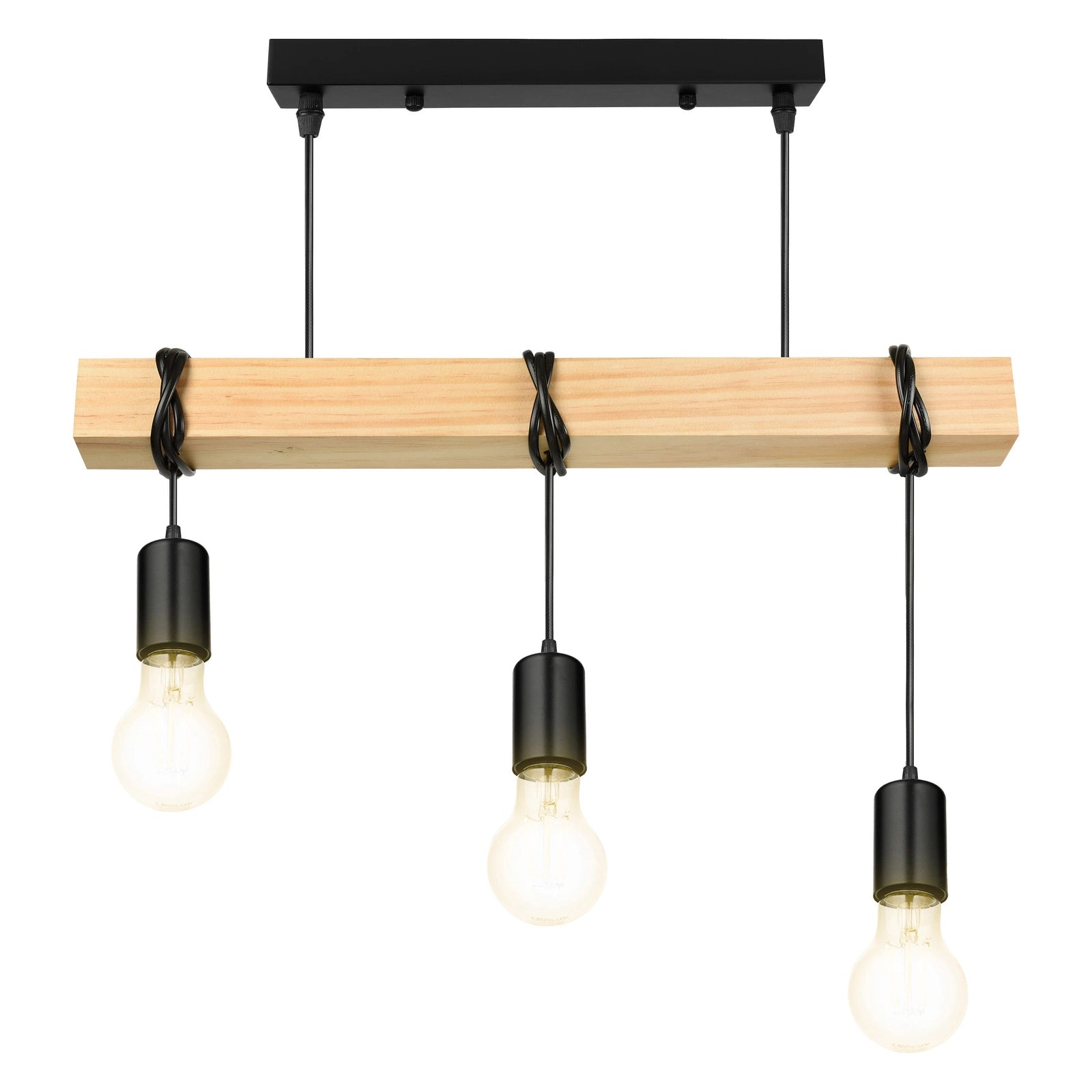 Lampa wisząca loft czarna z drewnianą belką 3xE27 – nowoczesny design do salonu, kuchni i jadalni