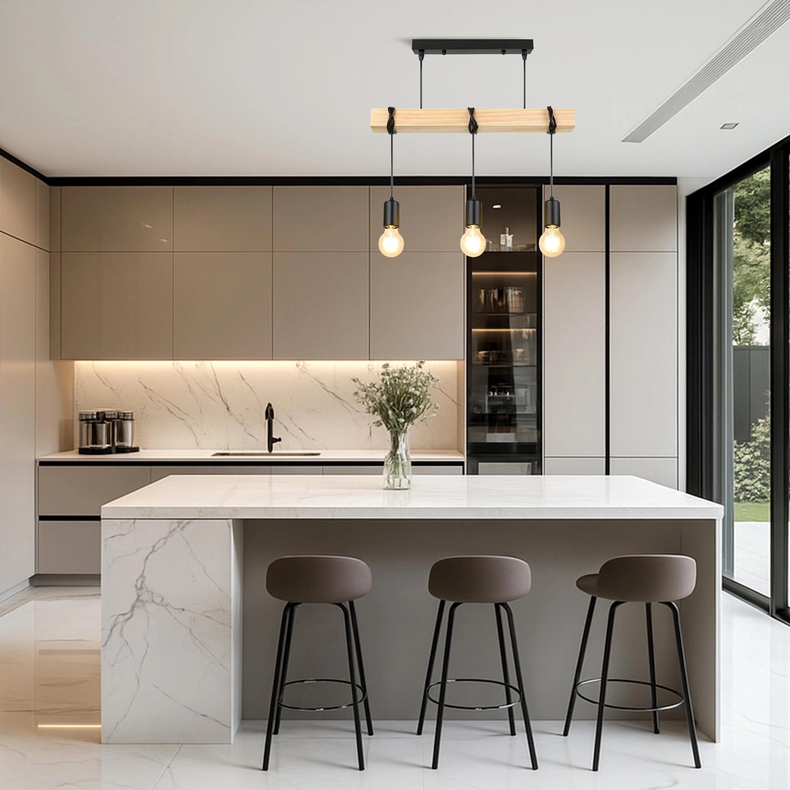 Lampa wisząca loft czarna z drewnianą belką 3xE27 – nowoczesny design do salonu, kuchni i jadalni