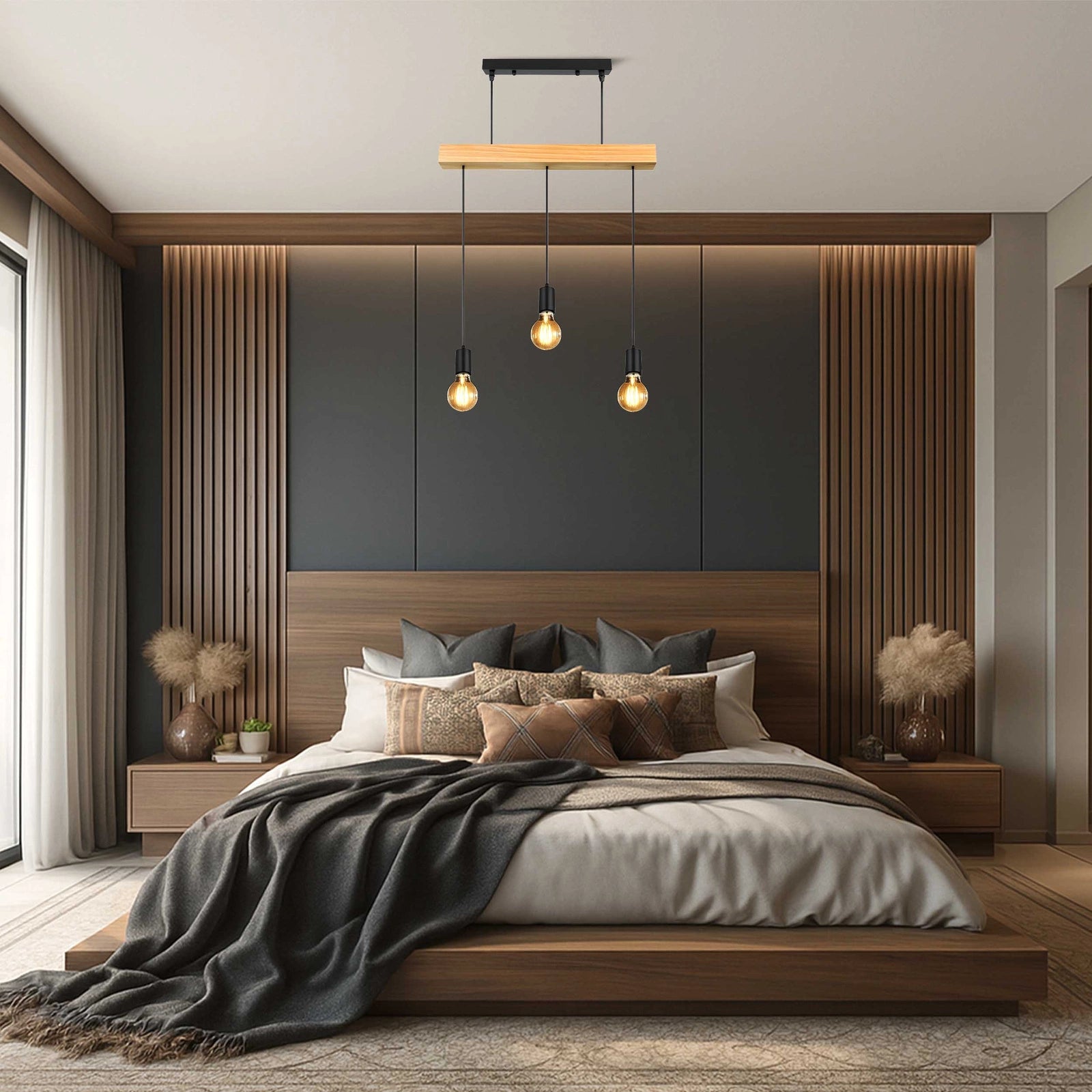 Lampa wisząca loft czarna z drewnianą belką 3xE27 – nowoczesny design do salonu, kuchni i jadalni